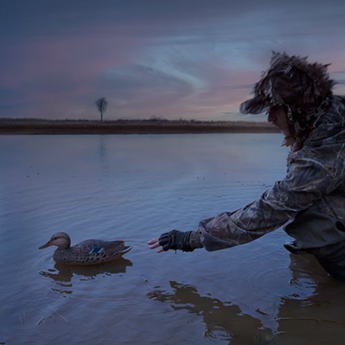 Hunter setting up decoys in predawn darkness.